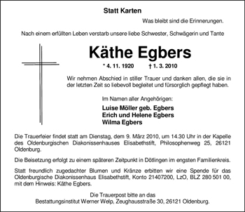 Traueranzeige von Käthe Egbers von Nordwest-Zeitung