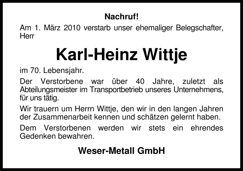  Traueranzeige für Karl-Heinz Wittje vom 04.03.2010 aus Nordwest-Zeitung