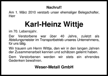 Traueranzeige von Karl-Heinz Wittje von Nordwest-Zeitung