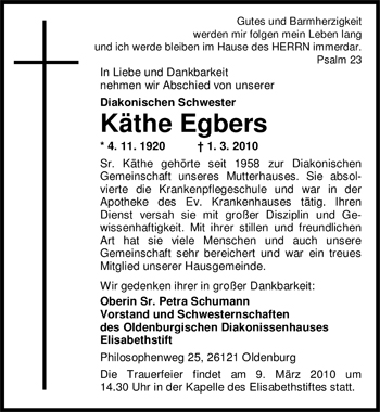 Traueranzeige von Käthe Egbers von Nordwest-Zeitung