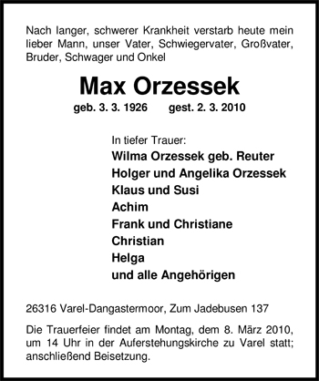 Traueranzeige von Max Orzessek von Nordwest-Zeitung