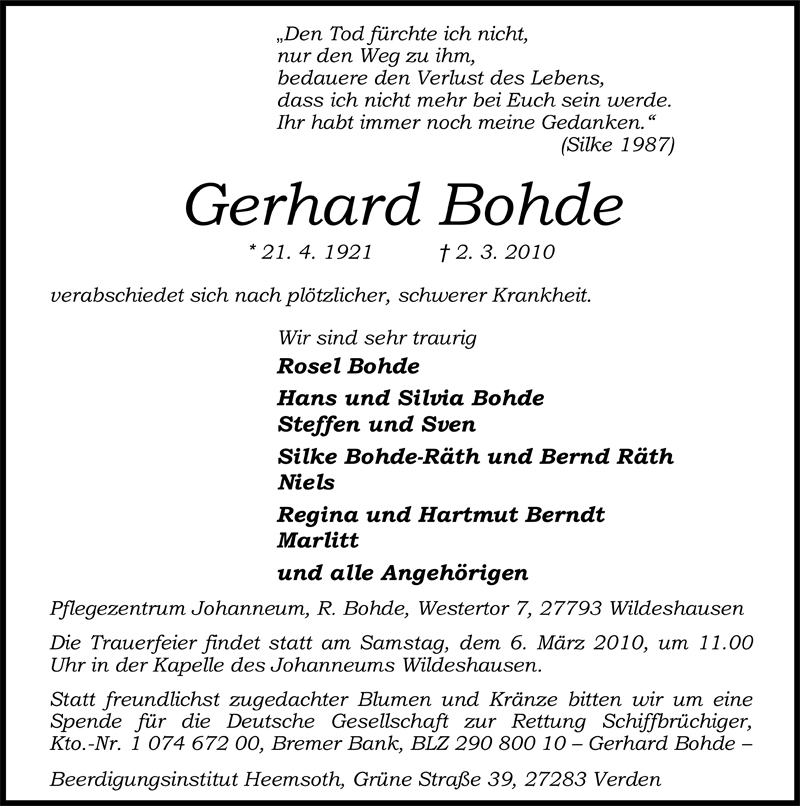  Traueranzeige für Gerhard Bohde vom 05.03.2010 aus Nordwest-Zeitung