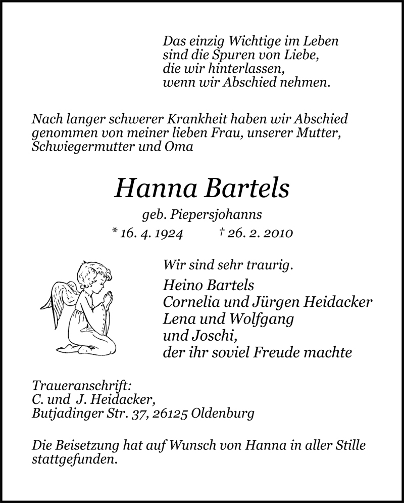  Traueranzeige für Hanna Bartels vom 12.03.2010 aus Nordwest-Zeitung