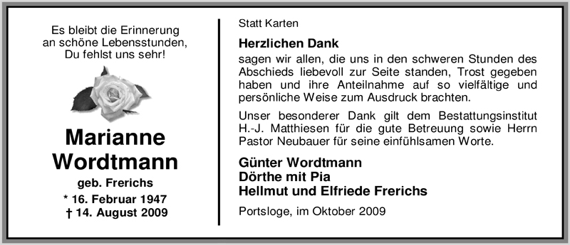  Traueranzeige für Marianne Wordtmann vom 17.10.2009 aus Nordwest-Zeitung