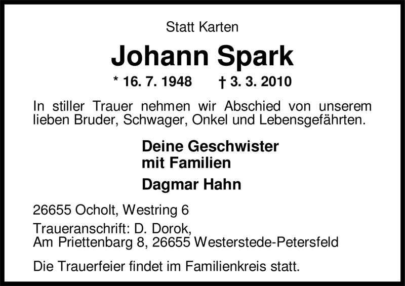  Traueranzeige für Johann Spark vom 08.03.2010 aus Nordwest-Zeitung