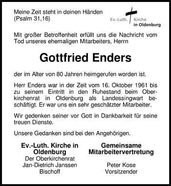 Traueranzeige von Gottfried Enders von Nordwest-Zeitung