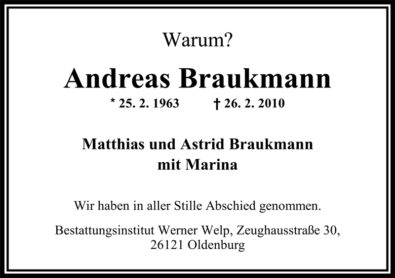  Traueranzeige für Andreas Braukmann vom 13.03.2010 aus Nordwest-Zeitung