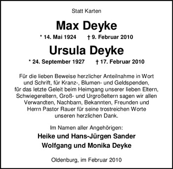 Traueranzeige von Max Deyke von Nordwest-Zeitung