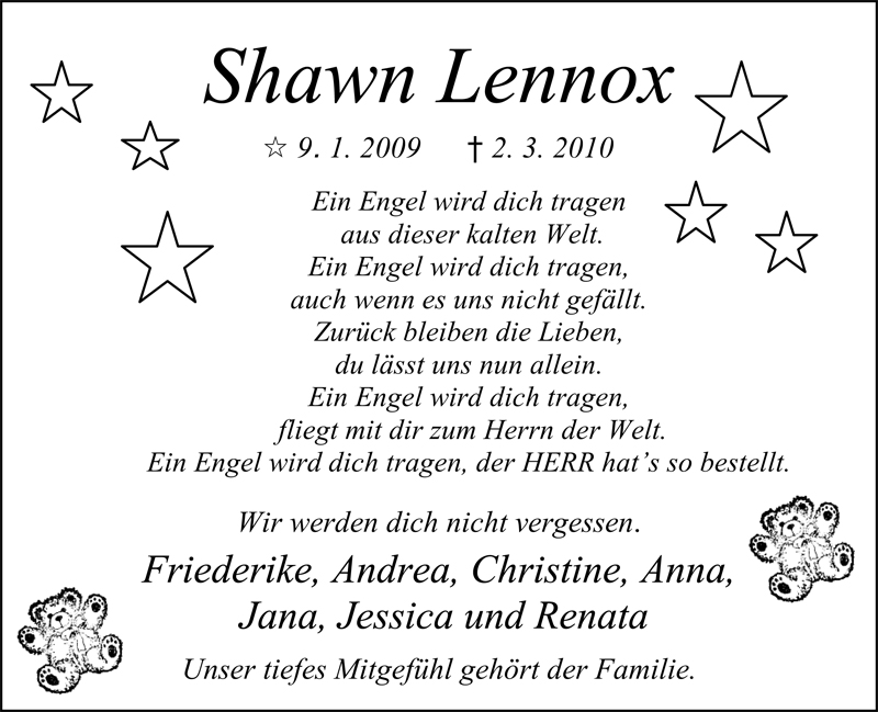  Traueranzeige für Shawn Lennox Behrendt vom 11.03.2010 aus Nordwest-Zeitung