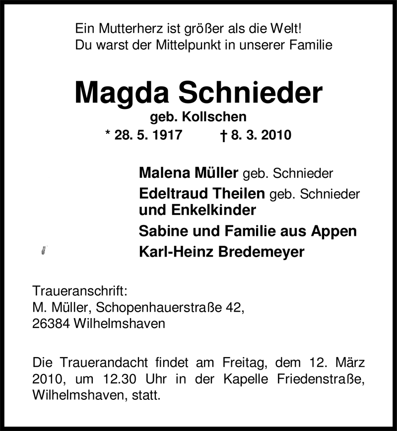  Traueranzeige für Magda Schnieder vom 11.03.2010 aus Nordwest-Zeitung