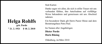 Traueranzeige von Helga Rohlfs von Nordwest-Zeitung
