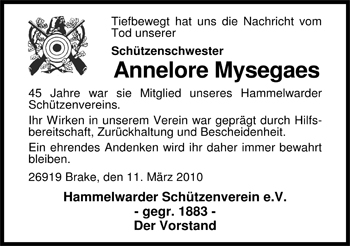 Traueranzeige von Annelore Mysegaes von Nordwest-Zeitung