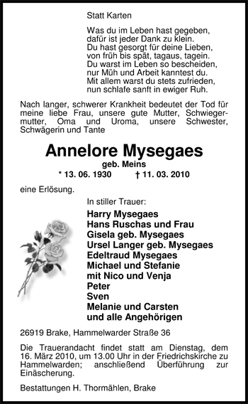 Traueranzeige von Annelore Mysegaes von Nordwest-Zeitung