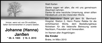 Traueranzeige von Johanne Janßen von Nordwest-Zeitung