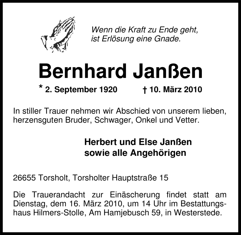  Traueranzeige für Bernhard Janßen vom 13.03.2010 aus Nordwest-Zeitung