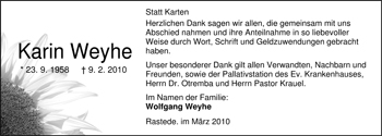 Traueranzeige von Karin Weyhe von Nordwest-Zeitung