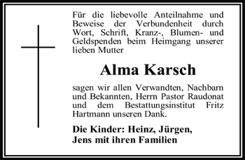 Traueranzeige von Alma Karsch von Nordwest-Zeitung