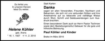 Traueranzeige von Helene Köhler von Nordwest-Zeitung