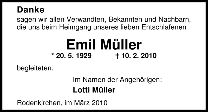  Traueranzeige für Emil Müller vom 17.03.2010 aus Nordwest-Zeitung