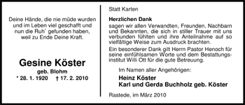 Traueranzeige von Gesine Köster von Nordwest-Zeitung