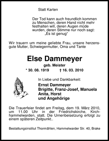 Traueranzeige von Else Dammeyer von Nordwest-Zeitung