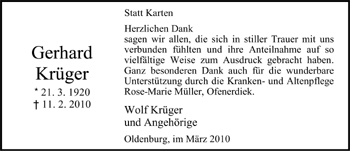 Traueranzeige von Gerhard Krüger von Nordwest-Zeitung