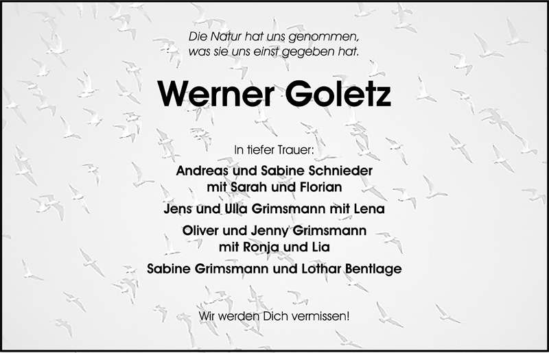  Traueranzeige für Werner Goletz vom 19.03.2010 aus Nordwest-Zeitung