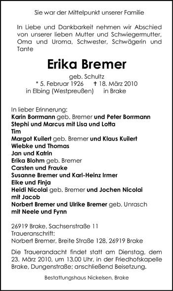 Traueranzeige von Erika Bremer von Nordwest-Zeitung