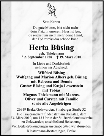 Traueranzeige von Herta Büsing von Nordwest-Zeitung