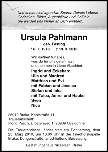 Traueranzeige von Ursula Pahlmann von Nordwest-Zeitung
