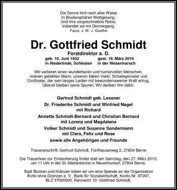 Traueranzeige von Dr. Gottfried Schmidt von Nordwest-Zeitung