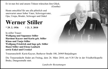 Traueranzeige von Werner Stiller von Nordwest-Zeitung