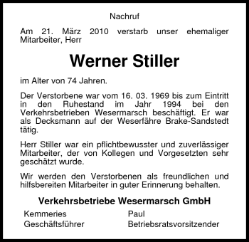 Traueranzeige von Werner Stiller von Nordwest-Zeitung
