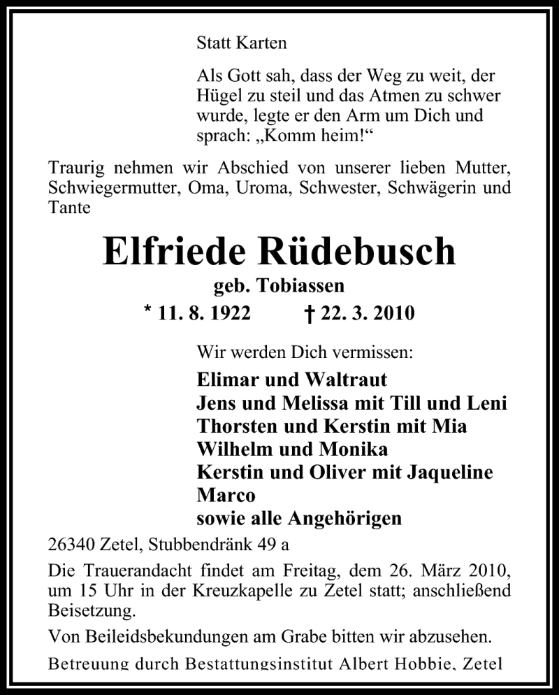  Traueranzeige für Elfriede Rüdebusch vom 24.03.2010 aus Nordwest-Zeitung