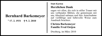 Traueranzeige von Bernhard Barkemeyer von Nordwest-Zeitung