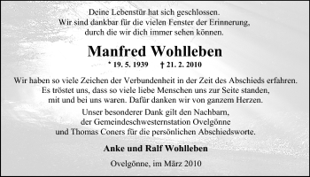 Traueranzeige von Manfred Wohlleben von Nordwest-Zeitung