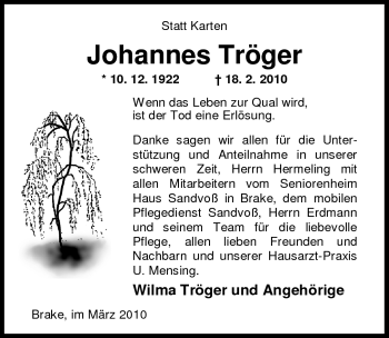 Traueranzeige von Johannes Tröger von Nordwest-Zeitung