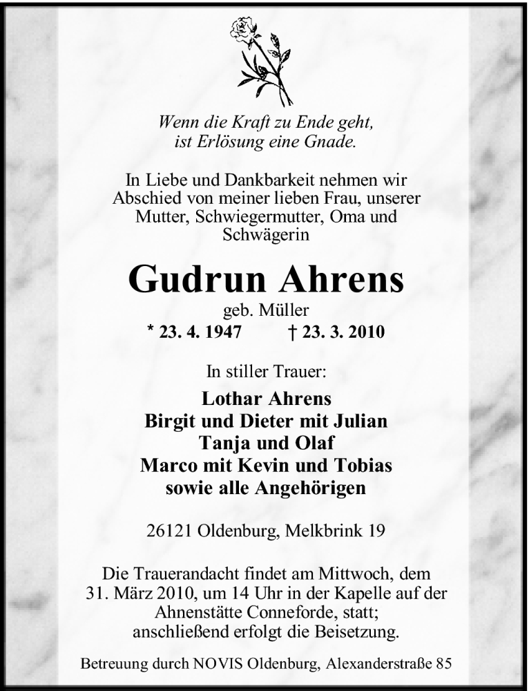  Traueranzeige für Gudrun Ahrens vom 27.03.2010 aus Nordwest-Zeitung