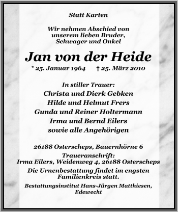 Traueranzeige von Jan von der Heide von Nordwest-Zeitung