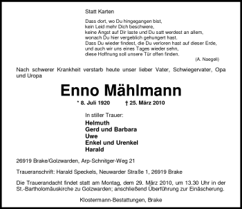 Traueranzeige von Enno Mählmann von Nordwest-Zeitung