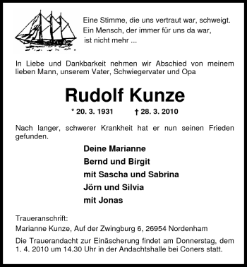 Traueranzeige von Rudolf Kunze von Nordwest-Zeitung