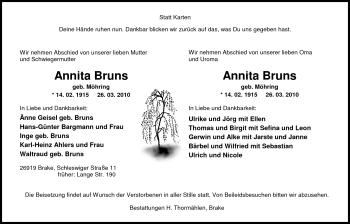 Traueranzeige von Annita Bruns von Nordwest-Zeitung