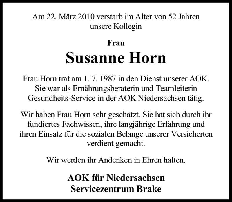  Traueranzeige für Susanne Horn vom 30.03.2010 aus Nordwest-Zeitung
