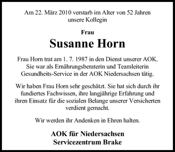 Traueranzeige von Susanne Horn von Nordwest-Zeitung