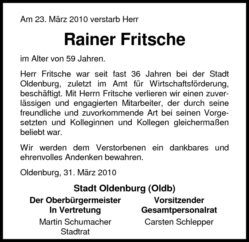  Traueranzeige für Rainer Fritsche vom 31.03.2010 aus Nordwest-Zeitung