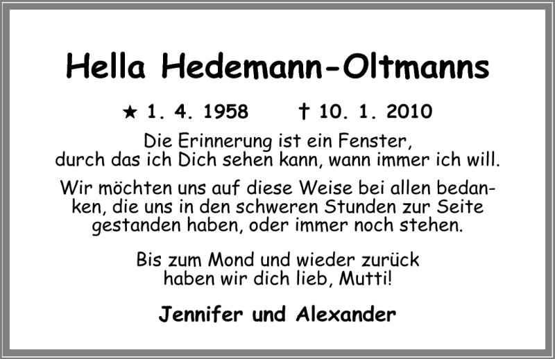  Traueranzeige für Hella Hedemann-Oltmanns vom 01.04.2010 aus Nordwest-Zeitung