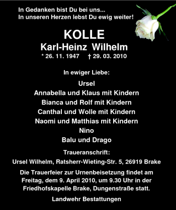 Traueranzeige von Karl-Heinz (Kolle) Wilhelm von Nordwest-Zeitung