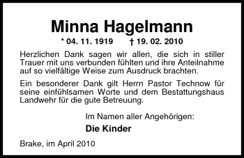 Traueranzeige von Minna Hagelmann von Nordwest-Zeitung