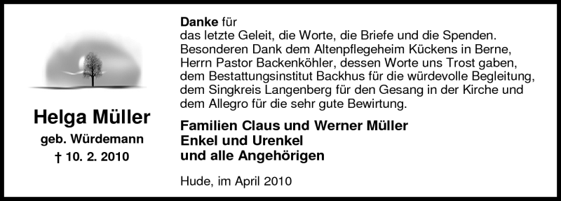  Traueranzeige für Helga Müller vom 03.04.2010 aus Nordwest-Zeitung