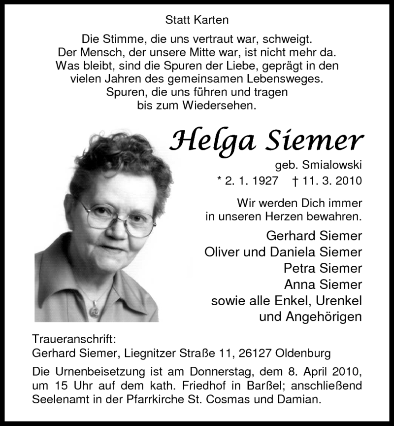 Traueranzeigen von Helga Siemer | nordwest-trauer.de